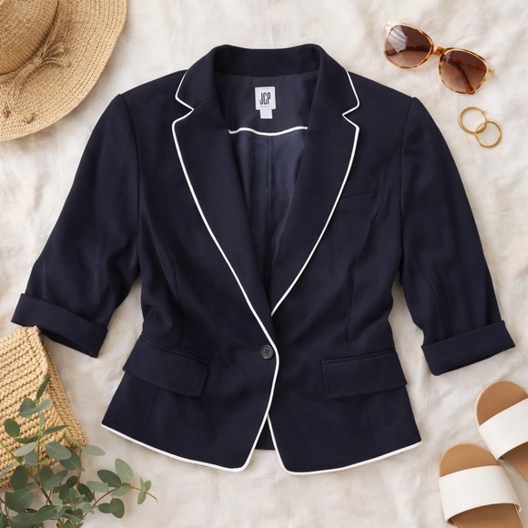 JCP Black Piped Blazer Jacket Women’s 1X Cropped Stretch Knit Office Casual - Picture 2 of 13